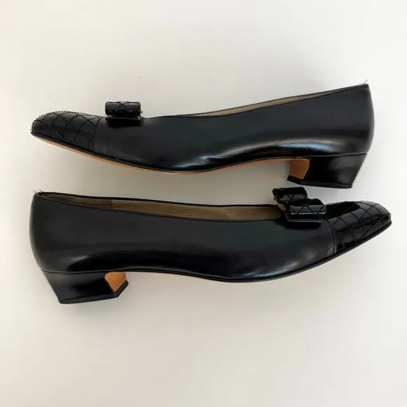 Salvatore Ferragamo Kitten Heel Black Vara Bow Shoes Leather Pumps 9.5AA