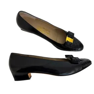 Salvatore Ferragamo Kitten Heel Black Vara Bow Shoes Leather Pumps 9.5AA
