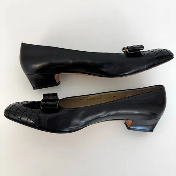 Salvatore Ferragamo Kitten Heel Black Vara Bow Shoes Leather Pumps 9.5AA