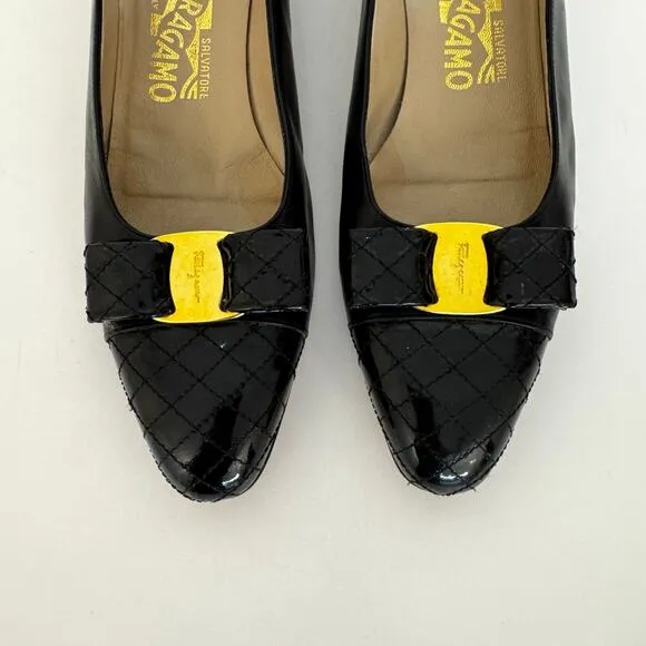 Salvatore Ferragamo Kitten Heel Black Vara Bow Shoes Leather Pumps 9.5AA