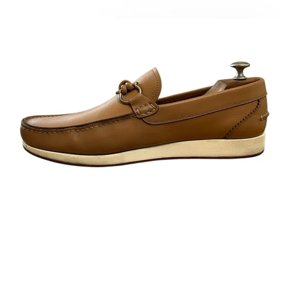 Salvatore Ferragamo Men's Tan Leather Gancini Buckle Deck Shoes Size 10 Roomy