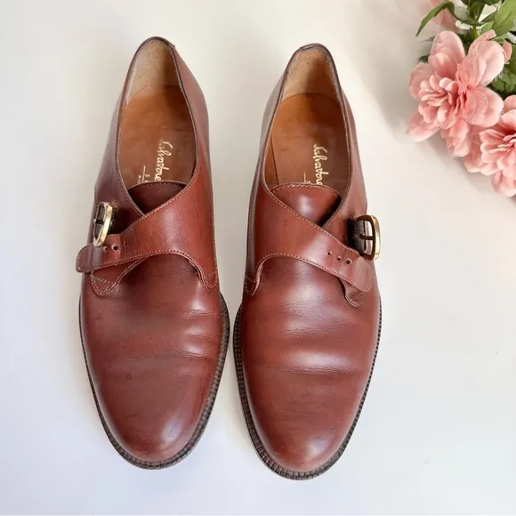 Salvatore Ferragamo SPORT Camel Leather Single Buckle Monk Strap Dress Shoes