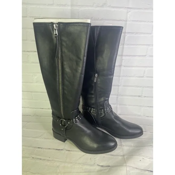 Sam Edelman Circus Phoebe Black Faux Leather Moto Riding Boots Womens Size 7.5 M