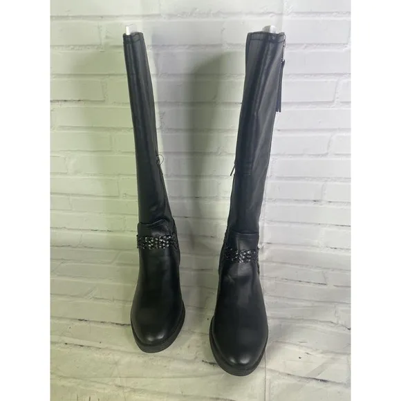 Sam Edelman Circus Phoebe Black Faux Leather Moto Riding Boots Womens Size 7.5 M