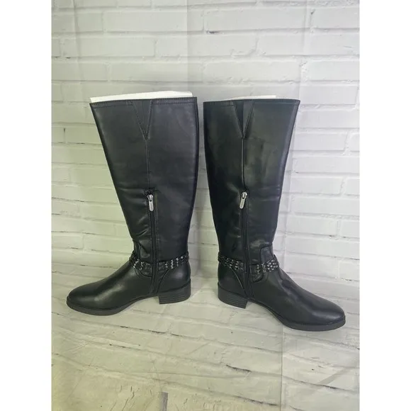Sam Edelman Circus Phoebe Black Faux Leather Moto Riding Boots Womens Size 7.5 M