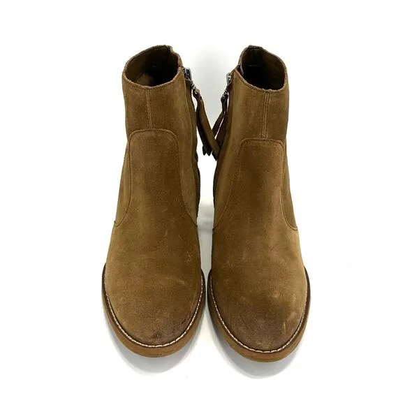 SAM EDELMAN “MARI” BROWN/TAN SUEDE STOCK BLOCK HEEL ANKLE BOOTS/BOOTIES