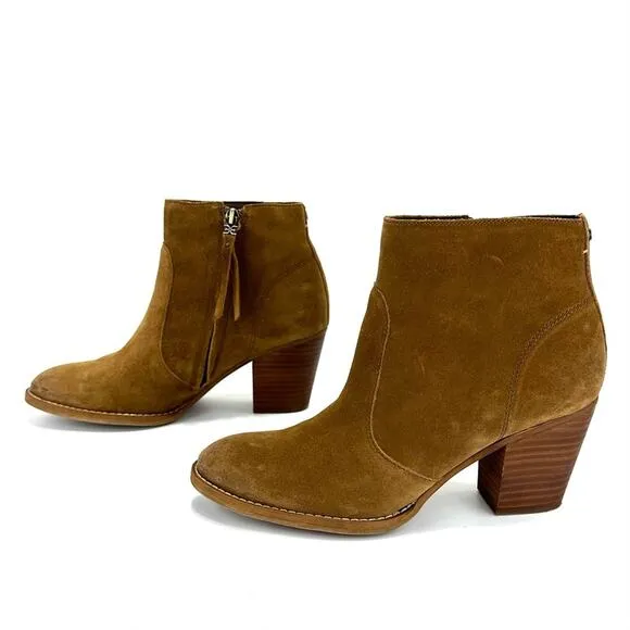 SAM EDELMAN “MARI” BROWN/TAN SUEDE STOCK BLOCK HEEL ANKLE BOOTS/BOOTIES