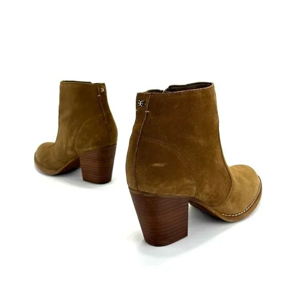 SAM EDELMAN “MARI” BROWN/TAN SUEDE STOCK BLOCK HEEL ANKLE BOOTS/BOOTIES