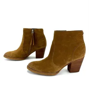 SAM EDELMAN “MARI” BROWN/TAN SUEDE STOCK BLOCK HEEL ANKLE BOOTS/BOOTIES