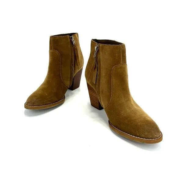 SAM EDELMAN “MARI” BROWN/TAN SUEDE STOCK BLOCK HEEL ANKLE BOOTS/BOOTIES