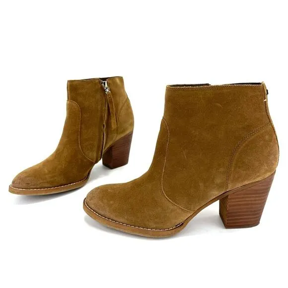 SAM EDELMAN “MARI” BROWN/TAN SUEDE STOCK BLOCK HEEL ANKLE BOOTS/BOOTIES