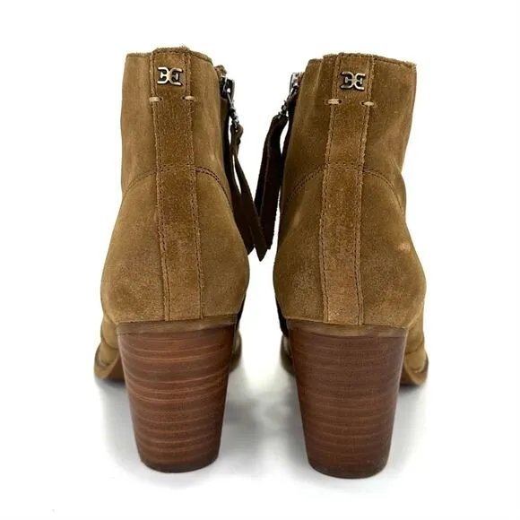 SAM EDELMAN “MARI” BROWN/TAN SUEDE STOCK BLOCK HEEL ANKLE BOOTS/BOOTIES