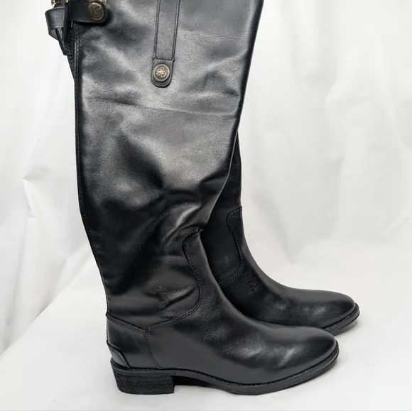 Sam Edelman Penny Knee-High Riding Boots Round Toe Leather Low-Heel