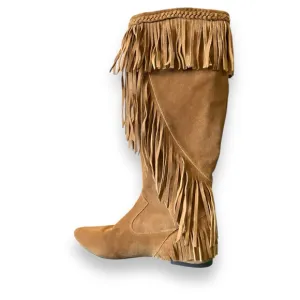 Sam Edelman Utah Tan Leather Suede Fringe Western Moccasin Boots, Size 6.5