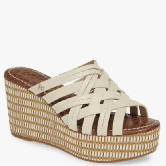 Sam Edelman Womens Devon Sandal Size 7 Leather Woven Ivory Wedge Platform