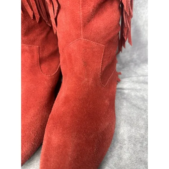 Sam Edelman Women's Fringe Boots Sz 8.5 Knee High Red Fringe Festival Flat Shoes