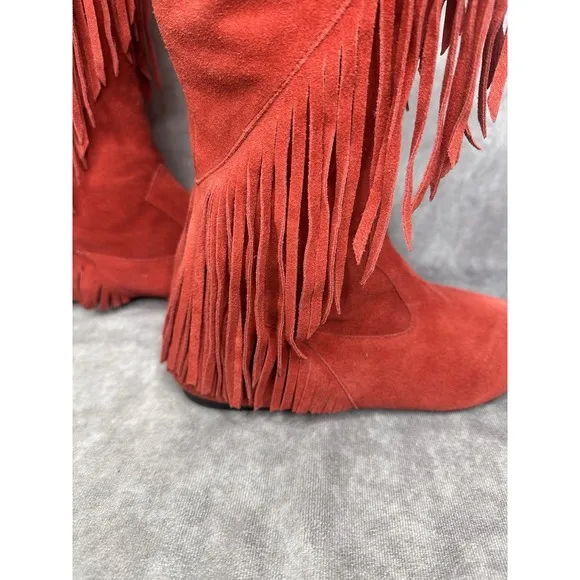 Sam Edelman Women's Fringe Boots Sz 8.5 Knee High Red Fringe Festival Flat Shoes