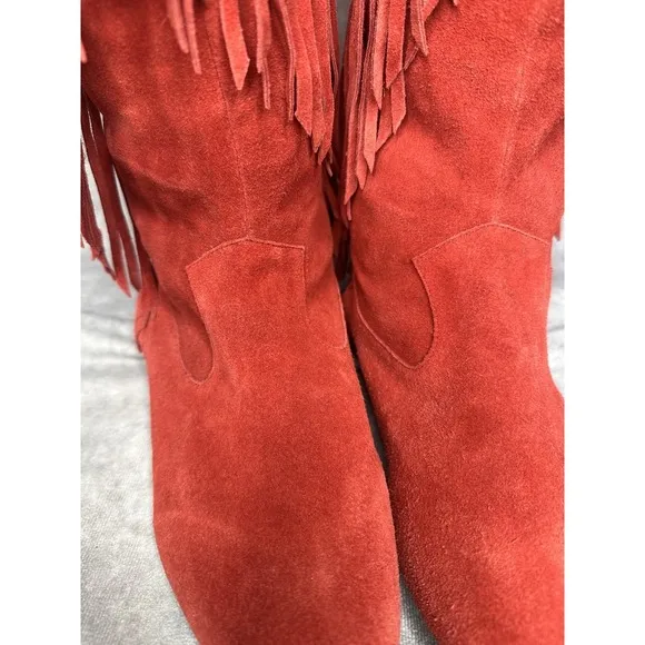 Sam Edelman Women's Fringe Boots Sz 8.5 Knee High Red Fringe Festival Flat Shoes