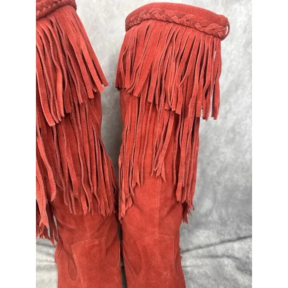 Sam Edelman Women's Fringe Boots Sz 8.5 Knee High Red Fringe Festival Flat Shoes