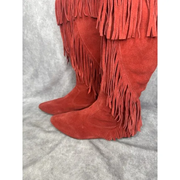 Sam Edelman Women's Fringe Boots Sz 8.5 Knee High Red Fringe Festival Flat Shoes