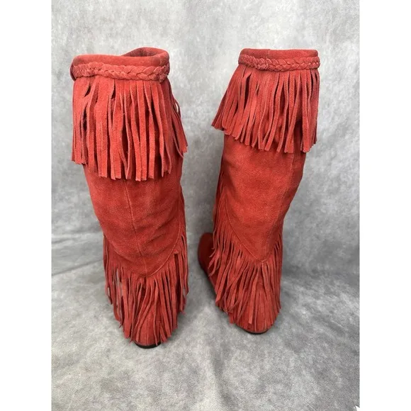 Sam Edelman Women's Fringe Boots Sz 8.5 Knee High Red Fringe Festival Flat Shoes