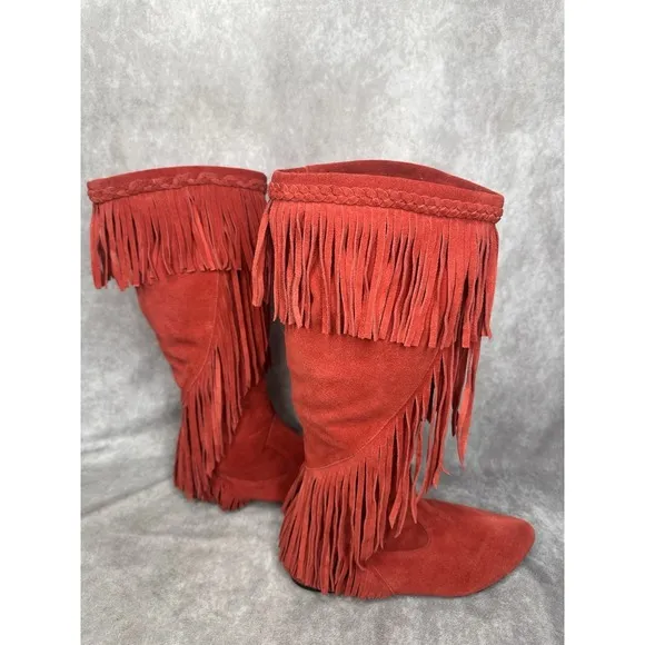 Sam Edelman Women's Fringe Boots Sz 8.5 Knee High Red Fringe Festival Flat Shoes