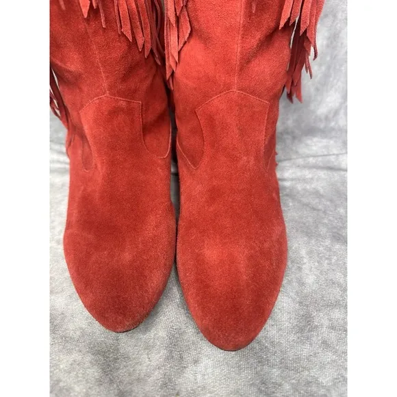 Sam Edelman Women's Fringe Boots Sz 8.5 Knee High Red Fringe Festival Flat Shoes