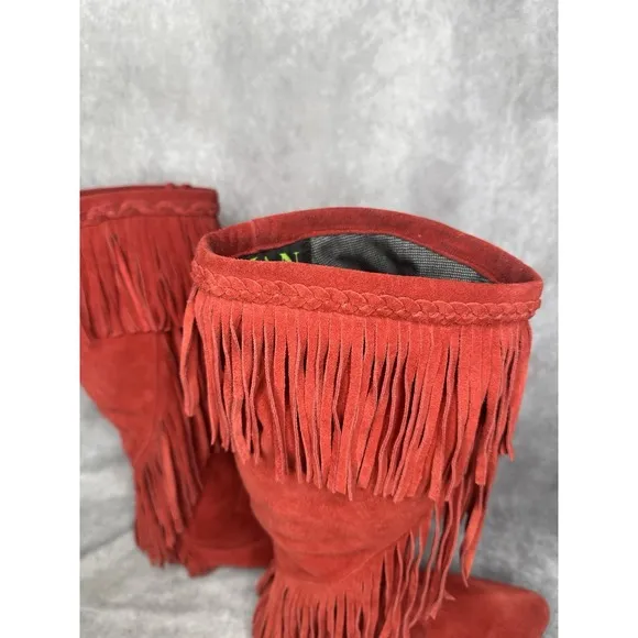 Sam Edelman Women's Fringe Boots Sz 8.5 Knee High Red Fringe Festival Flat Shoes