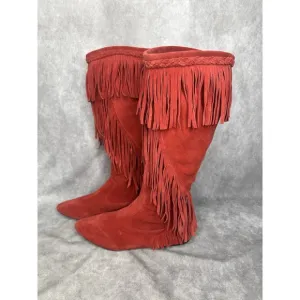 Sam Edelman Women's Fringe Boots Sz 8.5 Knee High Red Fringe Festival Flat Shoes