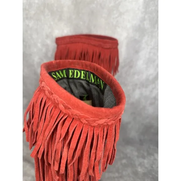 Sam Edelman Women's Fringe Boots Sz 8.5 Knee High Red Fringe Festival Flat Shoes