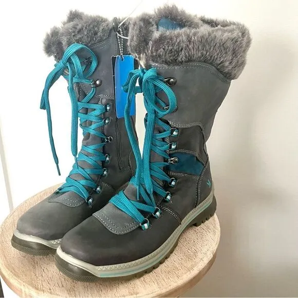 Santana Canada Marinda Lace Up Faux Fur All Weather Boots Gray Teal Size 11 NWOB