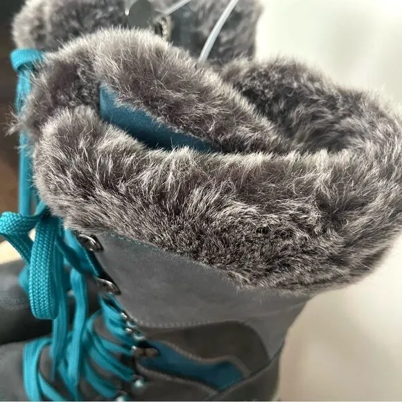 Santana Canada Marinda Lace Up Faux Fur All Weather Boots Gray Teal Size 11 NWOB