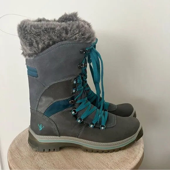 Santana Canada Marinda Lace Up Faux Fur All Weather Boots Gray Teal Size 11 NWOB