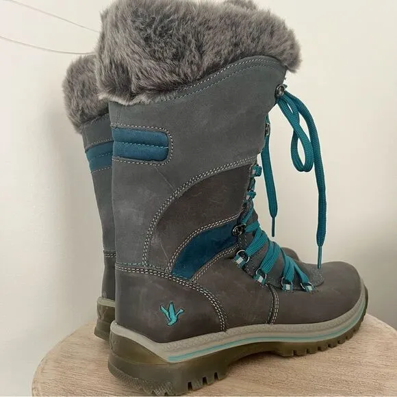Santana Canada Marinda Lace Up Faux Fur All Weather Boots Gray Teal Size 11 NWOB