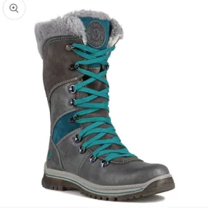 Santana Canada Marinda Lace Up Faux Fur All Weather Boots Gray Teal Size 11 NWOB