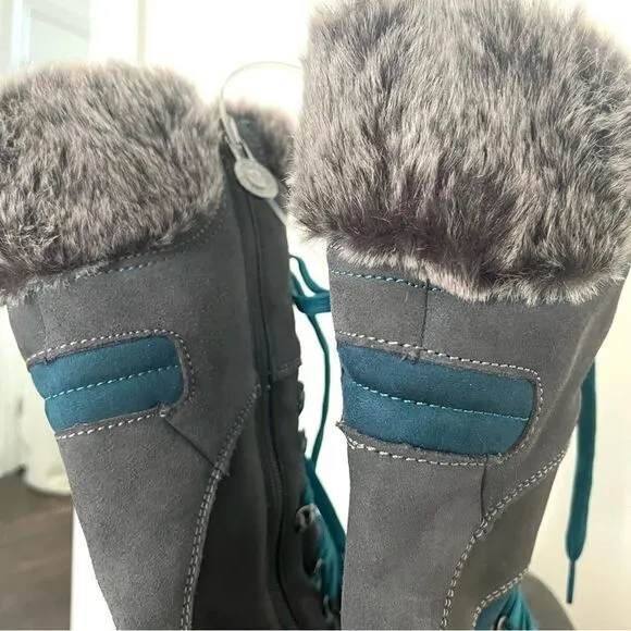 Santana Canada Marinda Lace Up Faux Fur All Weather Boots Gray Teal Size 11 NWOB