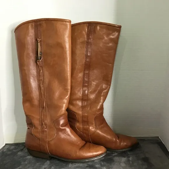 Santana Canada Women's Brown Leather Equestrian Slip On Plaid Lining Boots Sz 7