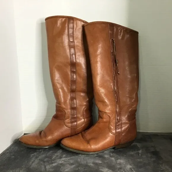 Santana Canada Women's Brown Leather Equestrian Slip On Plaid Lining Boots Sz 7