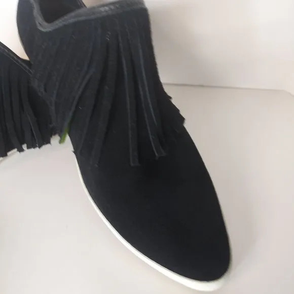 Sanuk Kat Fringe Black Suede Sidewalk Flat Slip On Shoes Size 7.5 EUC