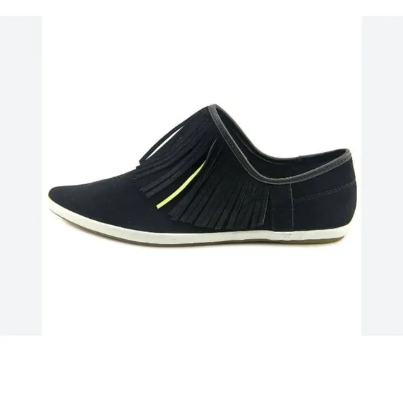 Sanuk Kat Fringe Black Suede Sidewalk Flat Slip On Shoes Size 7.5 EUC