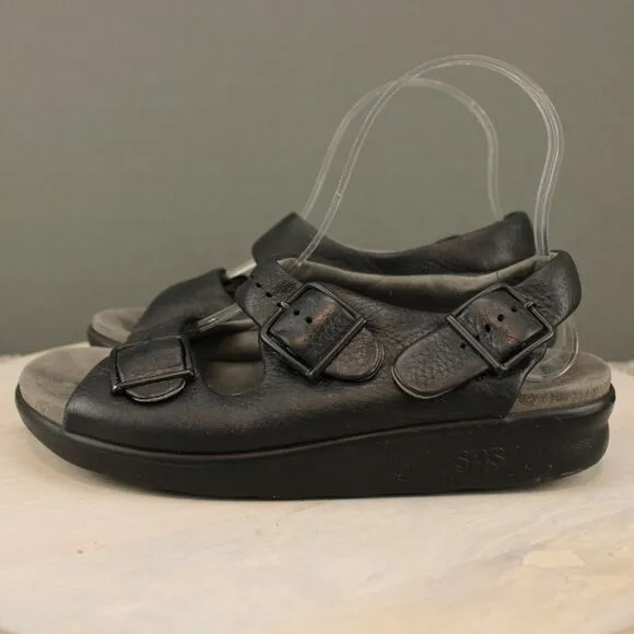 SAS Bravo Leather Slingback Sandals Mens 6 Womens 7.5 Black Padded Comfort Shoes