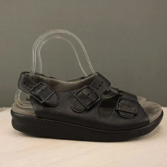 SAS Bravo Leather Slingback Sandals Mens 6 Womens 7.5 Black Padded Comfort Shoes