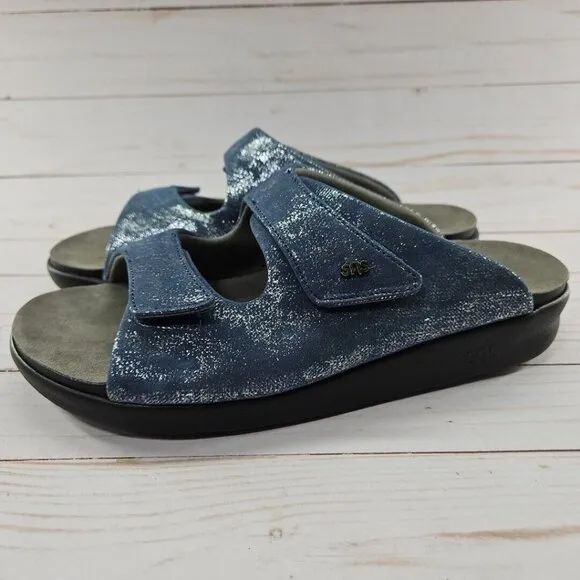SAS Cozy Womens Size 10W Wide Blue‎ Silver Leather Slip On Slide Sandals Shoes
