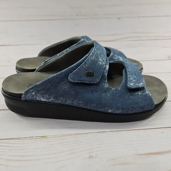 SAS Cozy Womens Size 10W Wide Blue‎ Silver Leather Slip On Slide Sandals Shoes