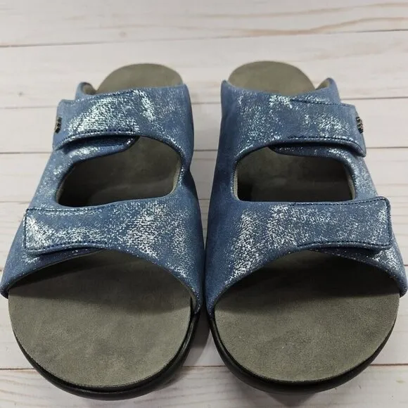 SAS Cozy Womens Size 10W Wide Blue‎ Silver Leather Slip On Slide Sandals Shoes