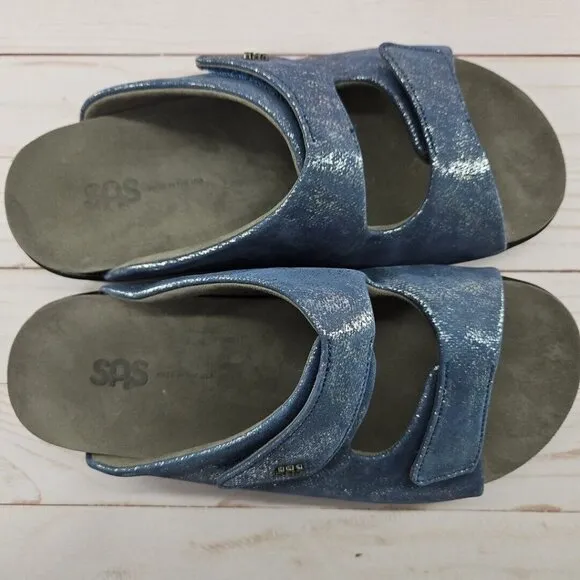 SAS Cozy Womens Size 10W Wide Blue‎ Silver Leather Slip On Slide Sandals Shoes