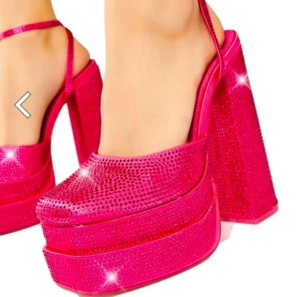 Satin,crystals ,Rhinestone platform heels chunky. Fully In Rhinestone.hot pink.