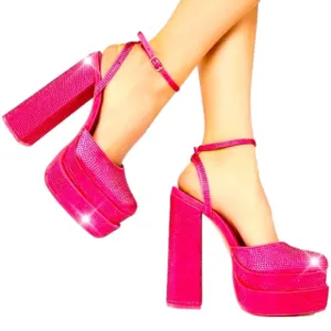 Satin,crystals ,Rhinestone platform heels chunky. Fully In Rhinestone.hot pink.