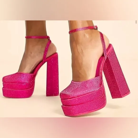 Satin,crystals ,Rhinestone platform heels chunky. Fully In Rhinestone.hot pink.
