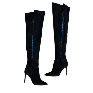 Schutz Boots Over the Knee Black Leather Lace Up Heeled Sexy Size 40 10